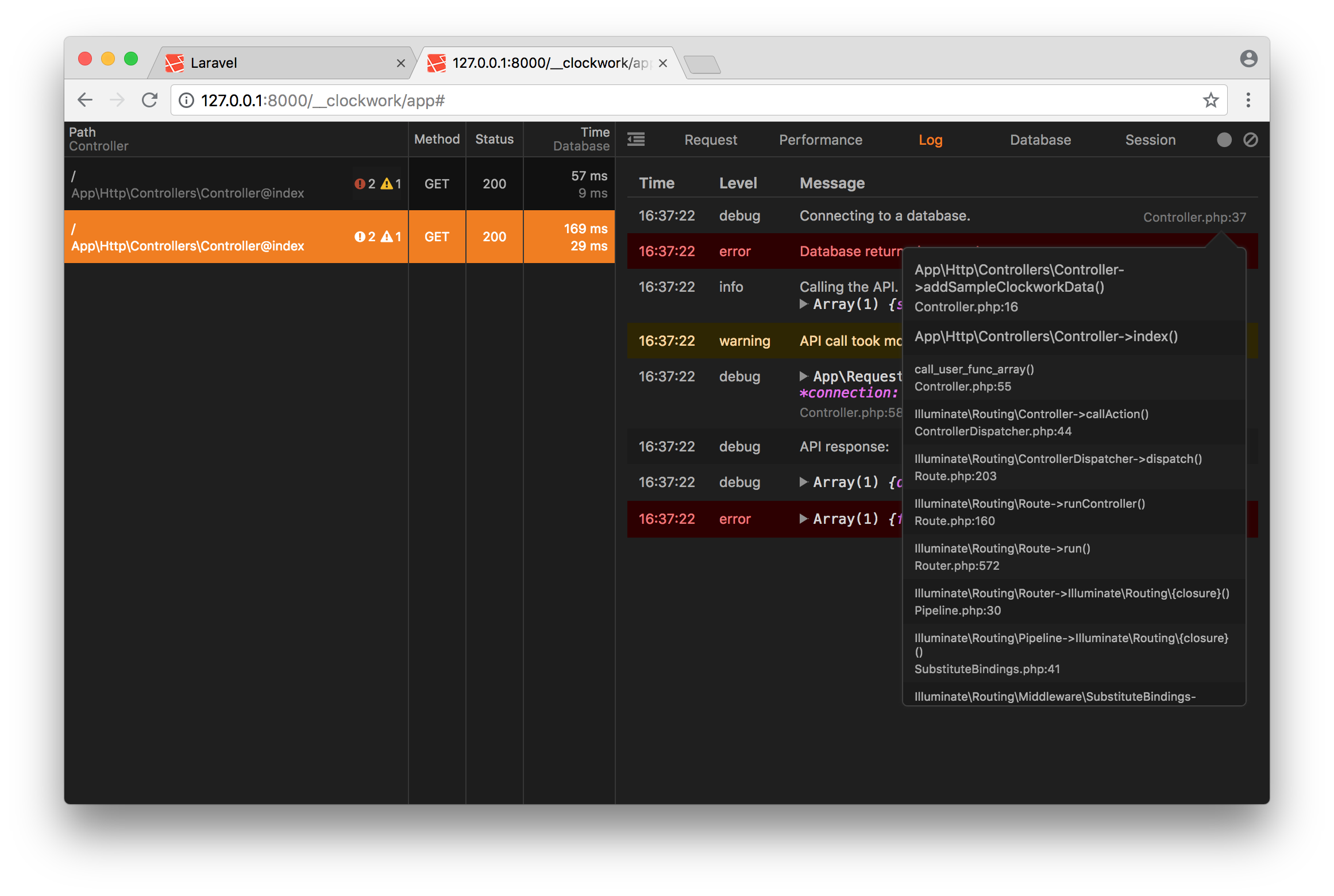 Clockwork web UI dark mode with stack trace example